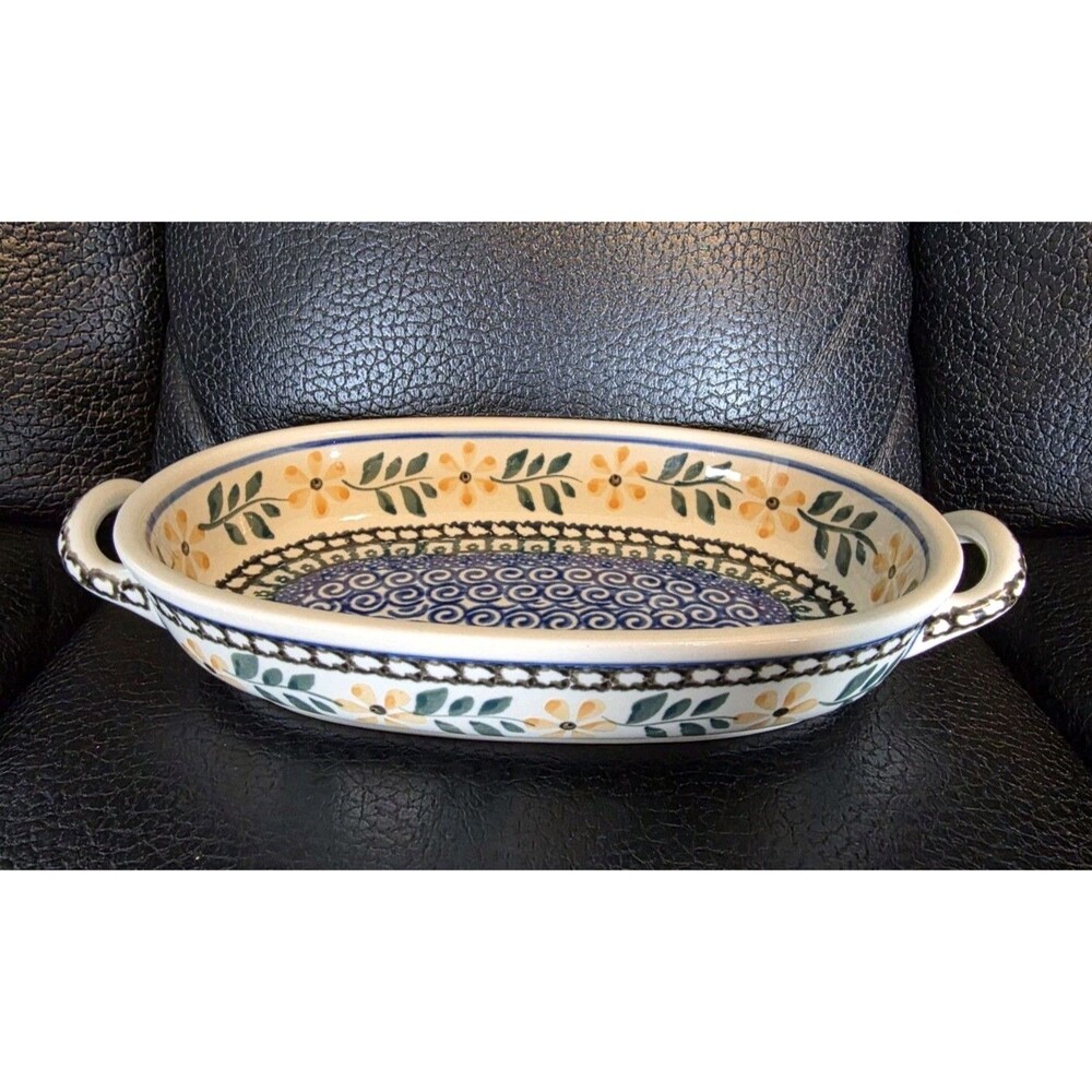 Boleslawiec Historic European Stoneware 8” Small Oval Baker Tray w/ Handles EUC
